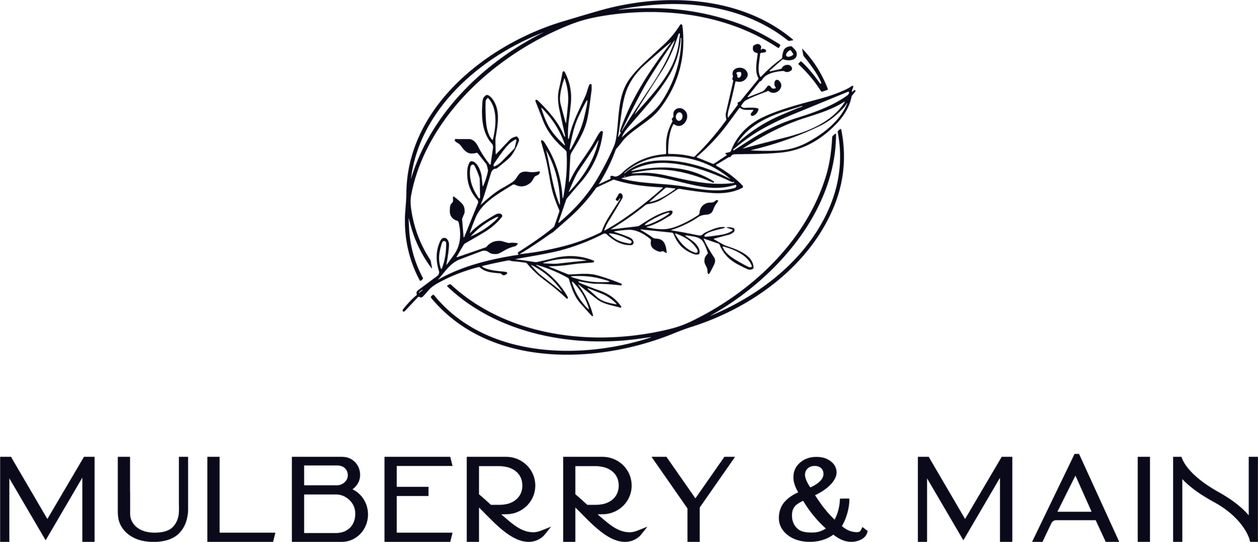 Mulberry and Main logo featuring a delicate botanical branch inside an oval above the brand name in dark navy lettering.