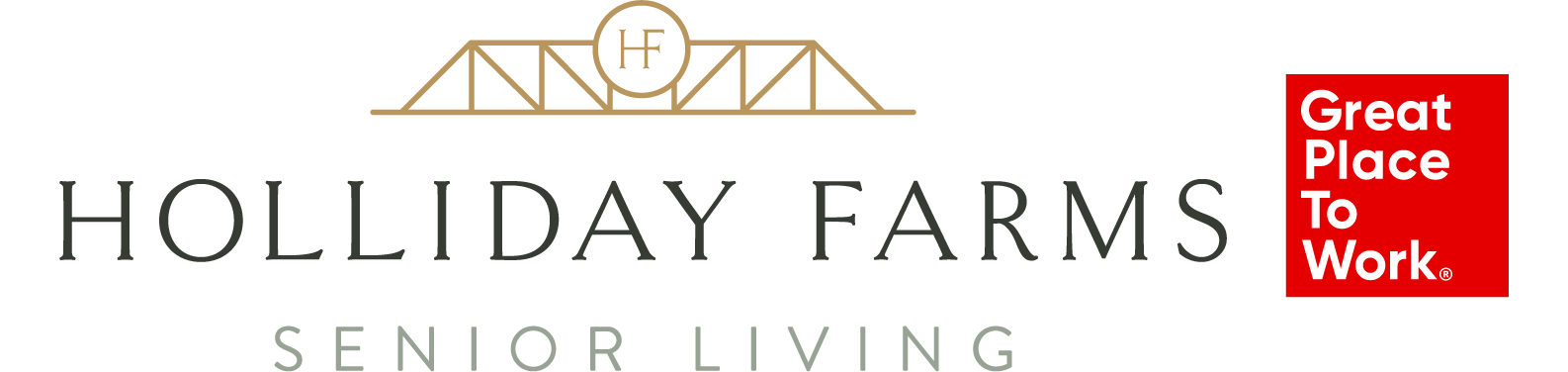 Holliday Farms Senior Living logo features the Great Place to Work badge, highlighting the community’s certification and commitment to a supportive workplace culture.